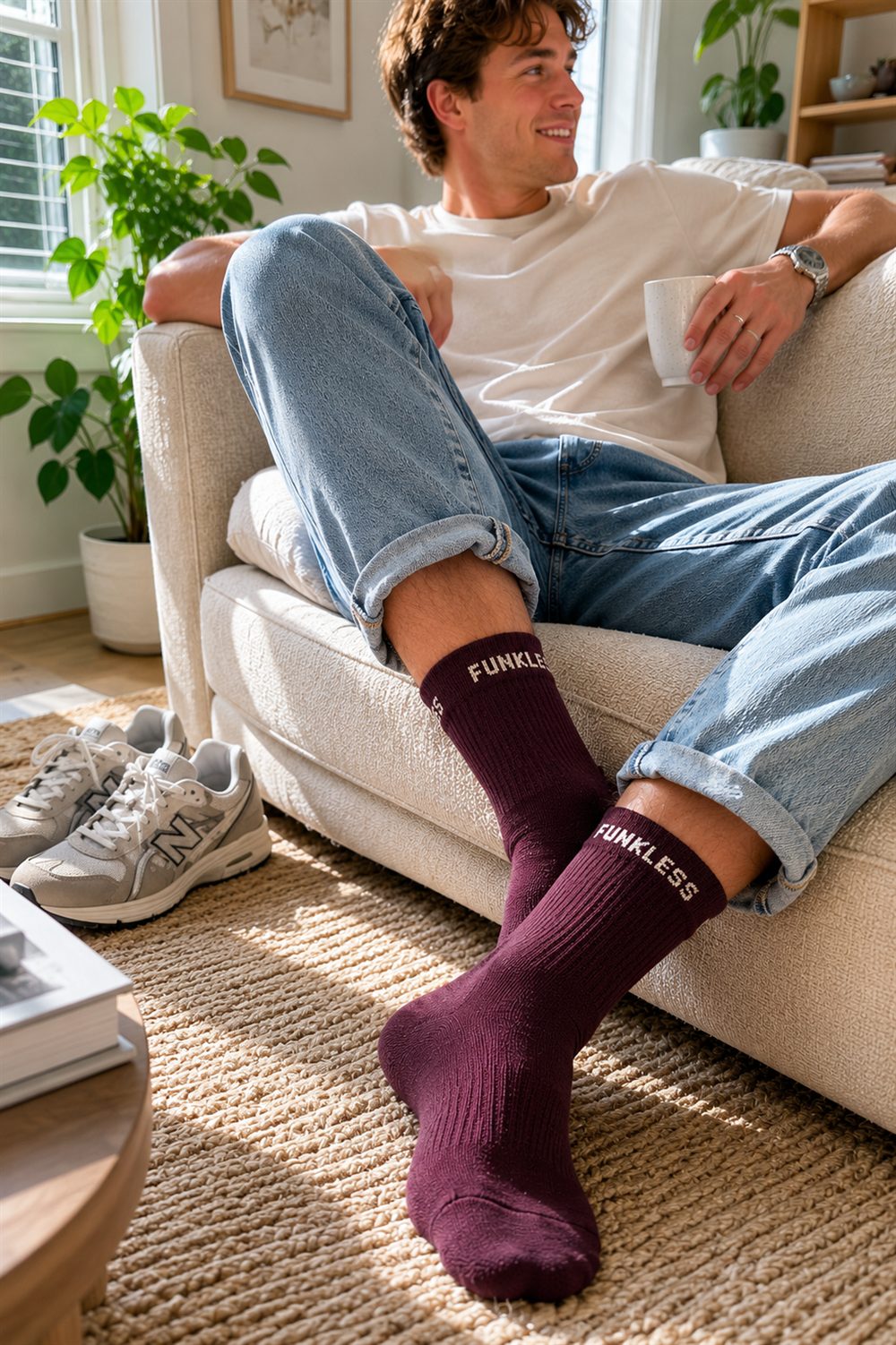 Funkless socks, shoes off and relaxed