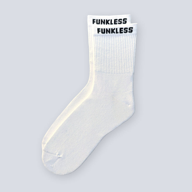 Pair of Arctic White Funkless Crew socks shown upright